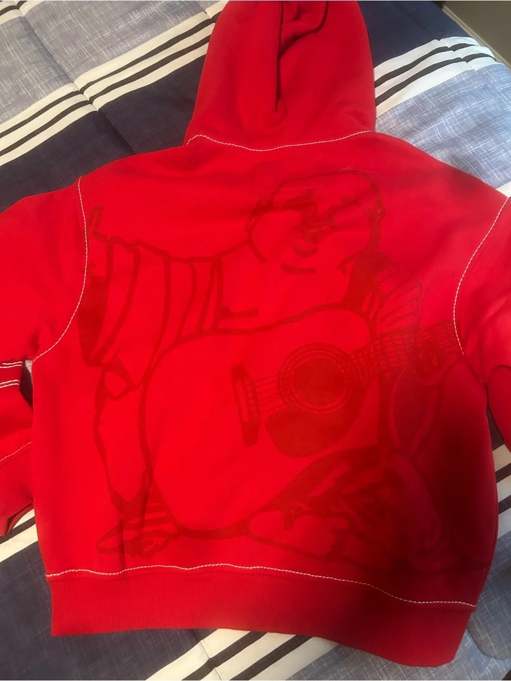 True Religion Red Kids Hoodie with Tonal Guitar Graphic
